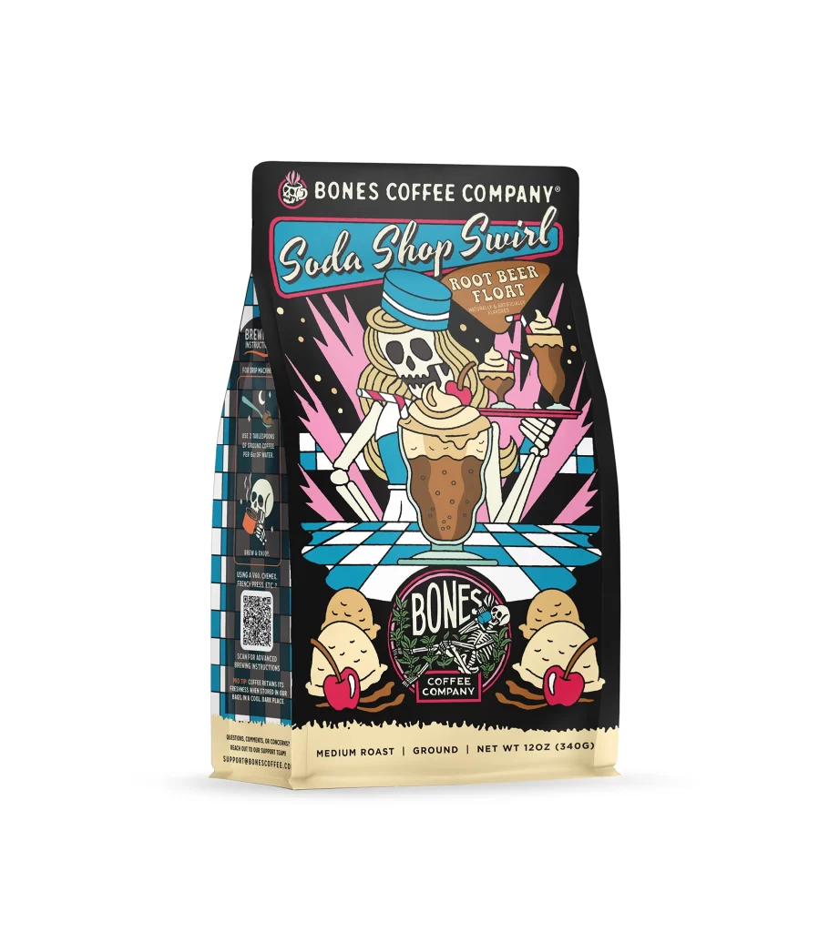 Bones Coffee Soda Shop Swirl Root Beer Float Ground Coffee Bag Front Packaging