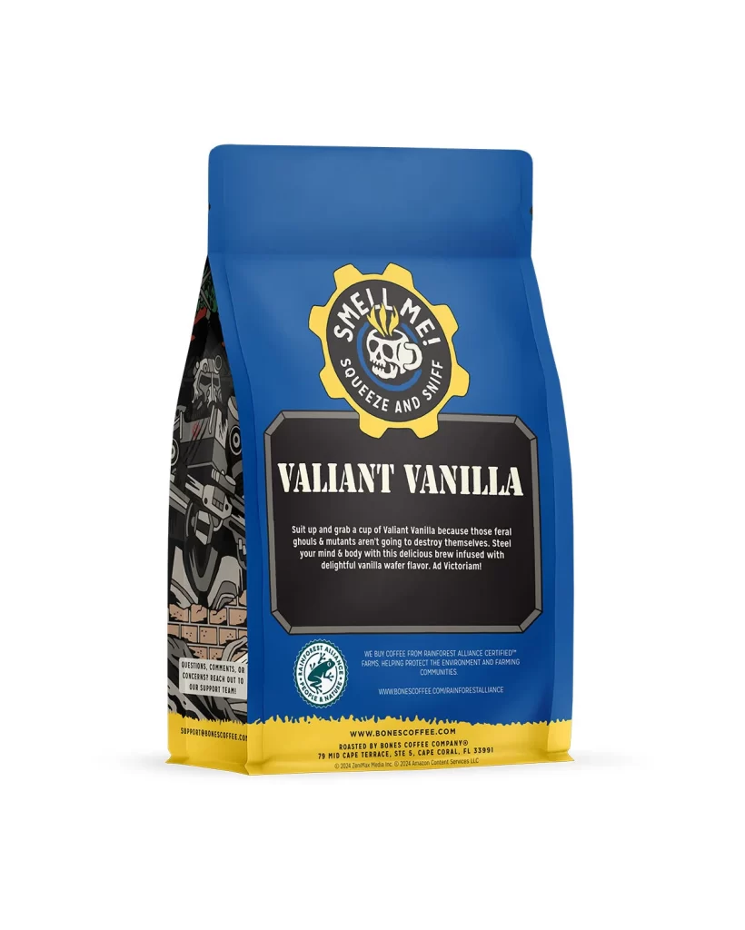 Bones Coffee Valiant Vanilla Whole Bean Coffee Bag Back Packaging