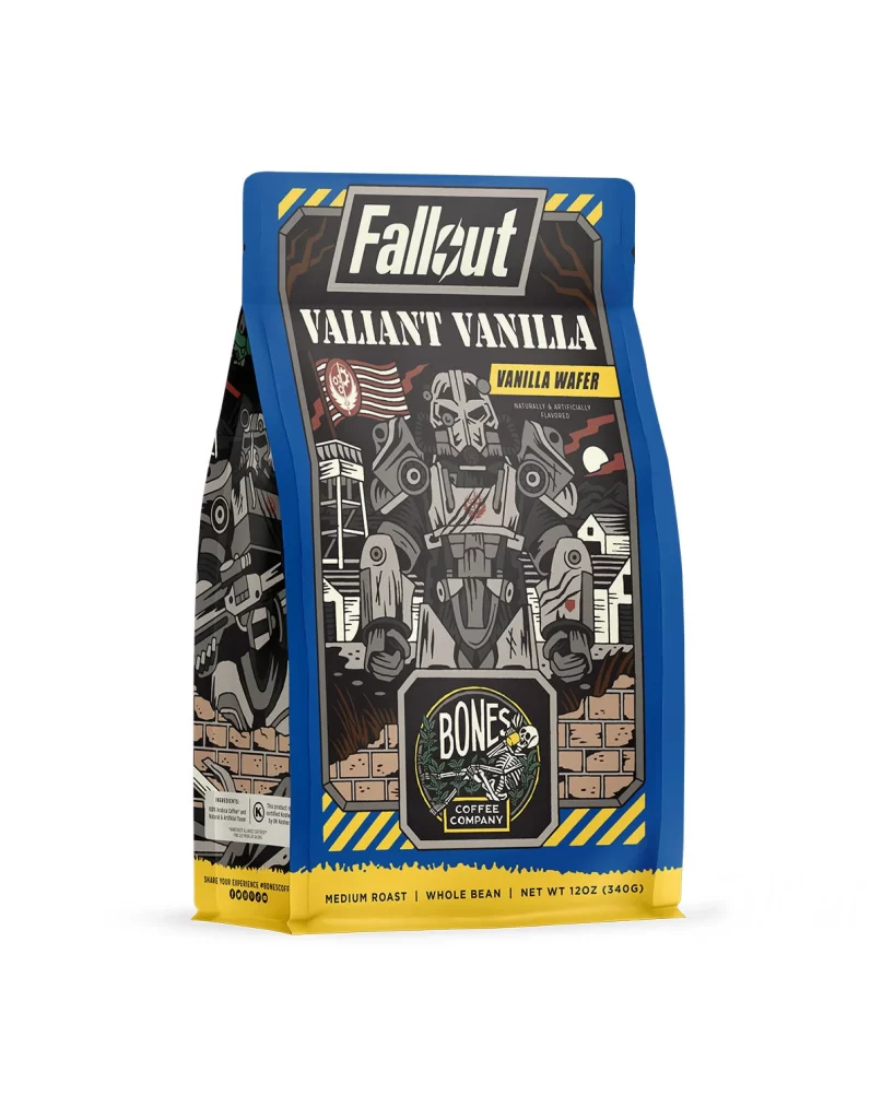Bones Coffee Valiant Vanilla Whole Bean Coffee Bag Front Packaging