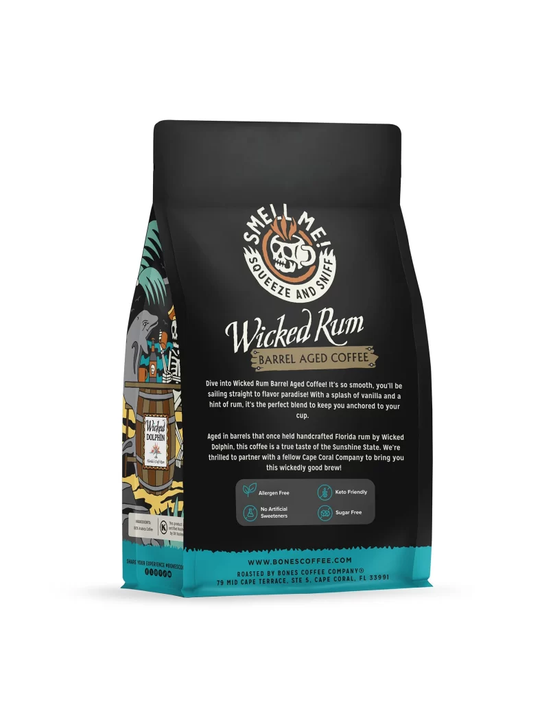 Bones Coffee Wicked Rum Barrel Aged Ground Coffee Bag Back Packaging