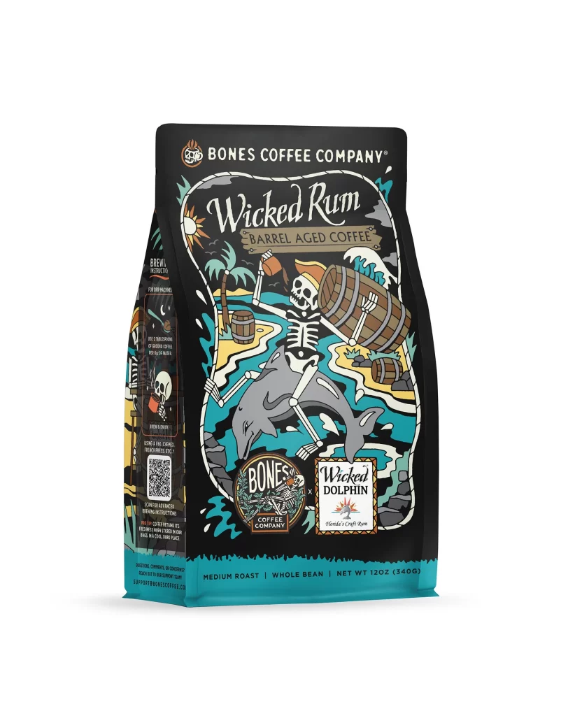 Bones Coffee Wicked Rum Barrel Aged Ground Coffee Bag Front Packaging