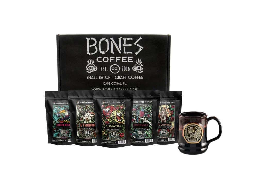 Bones Coffee World Tour 4 oz Bundle with Mug Packaging