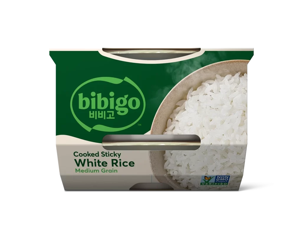 Bibigo Cooked Sticky White Rice Angled View Packaging