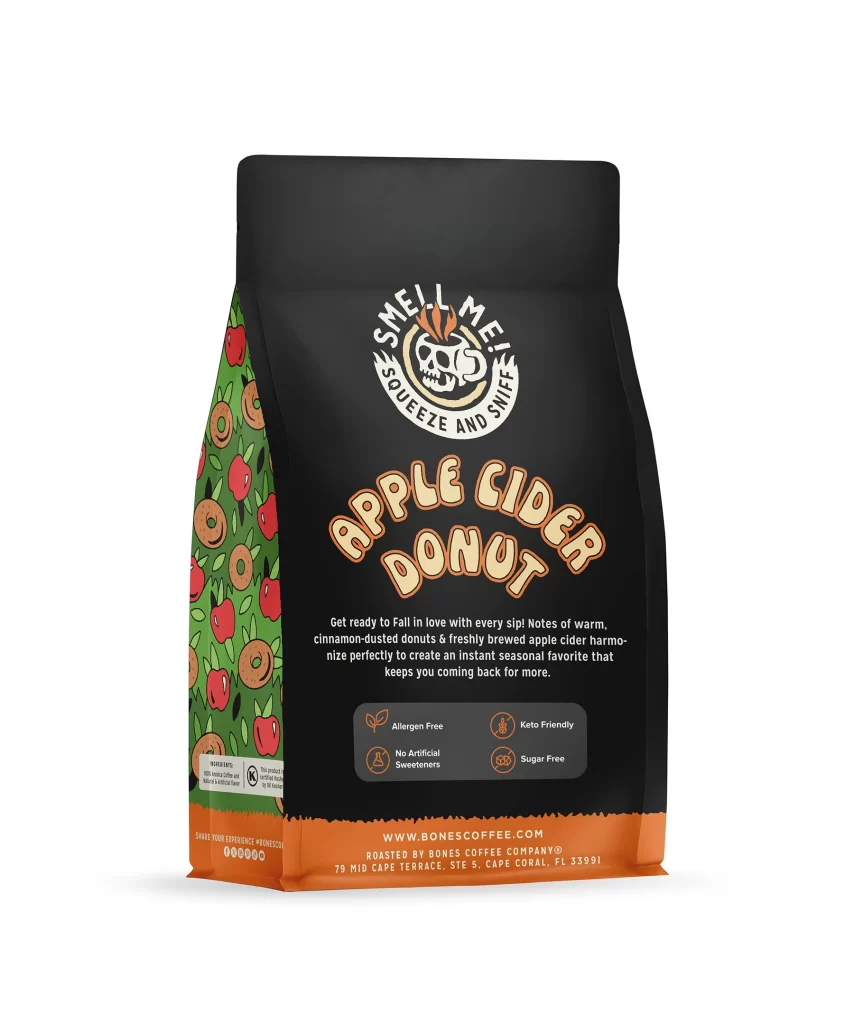 Bones Coffee Apple Cider Donut Coffee Bag Back Packaging