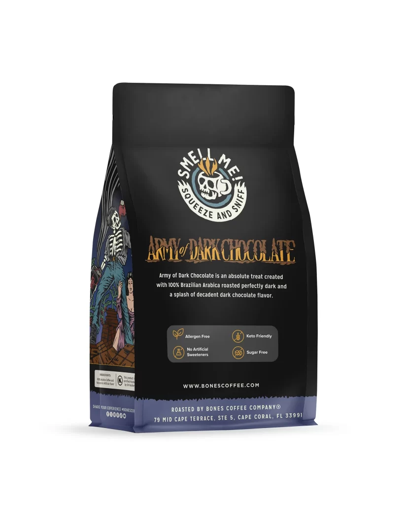 Bones Coffee Army of Dark Chocolate Coffee Bag Back Packaging
