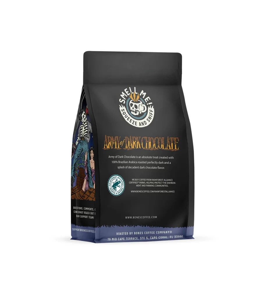 Bones Coffee Army of Dark Chocolate Coffee Bag Back Packaging