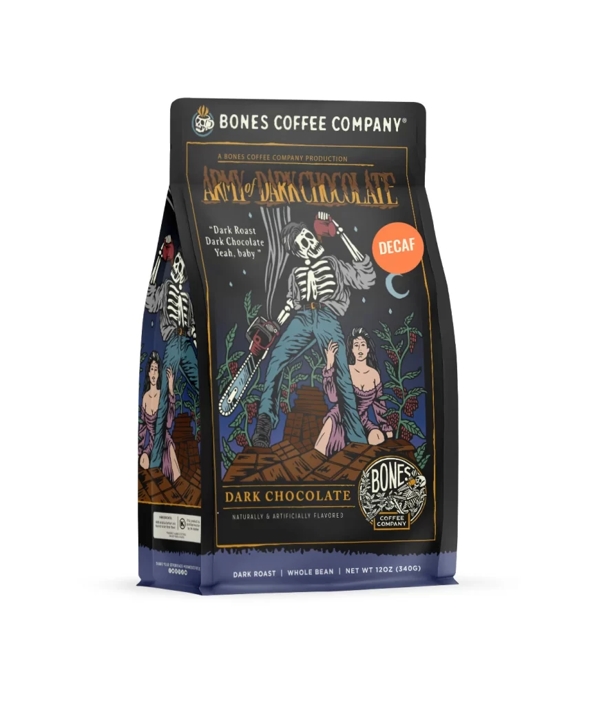 Bones Coffee Army of Dark Chocolate Decaf Coffee Bag Packaging