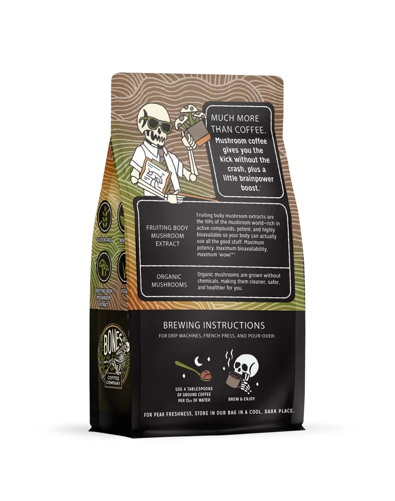 Bones Coffee Better Brain Mushroom Coffee Dark Roast Coffee Bag Back Packaging