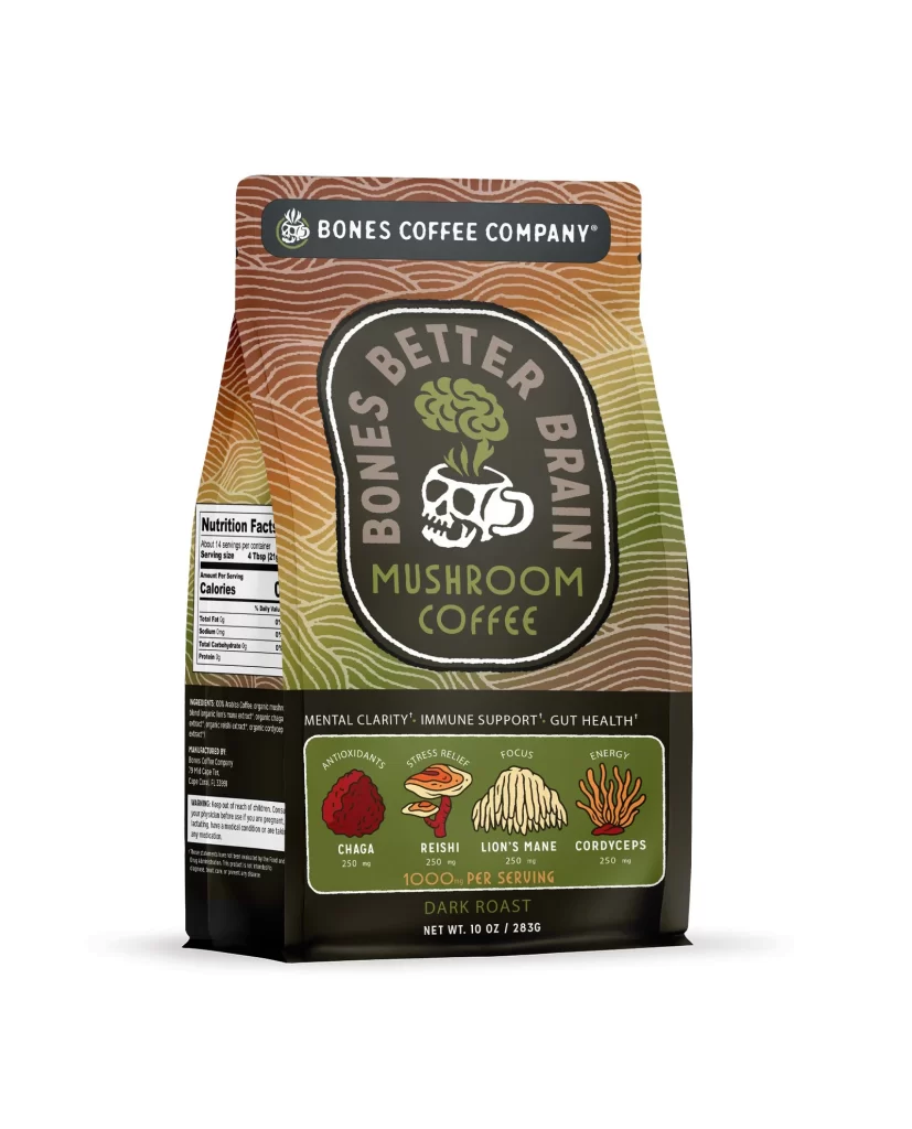 Bones Coffee Better Brain Mushroom Coffee Dark Roast Coffee Bag Front Packaging