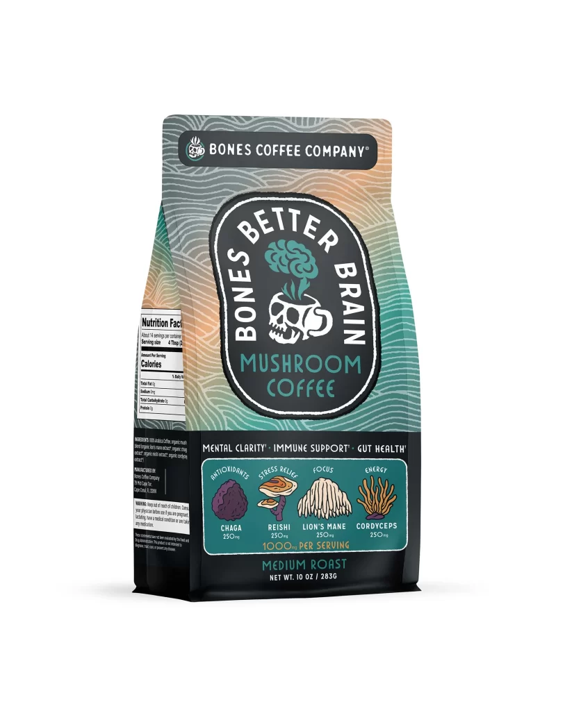 Bones Coffee Better Brain Mushroom Coffee Medium Roast Coffee Bag Front Packaging