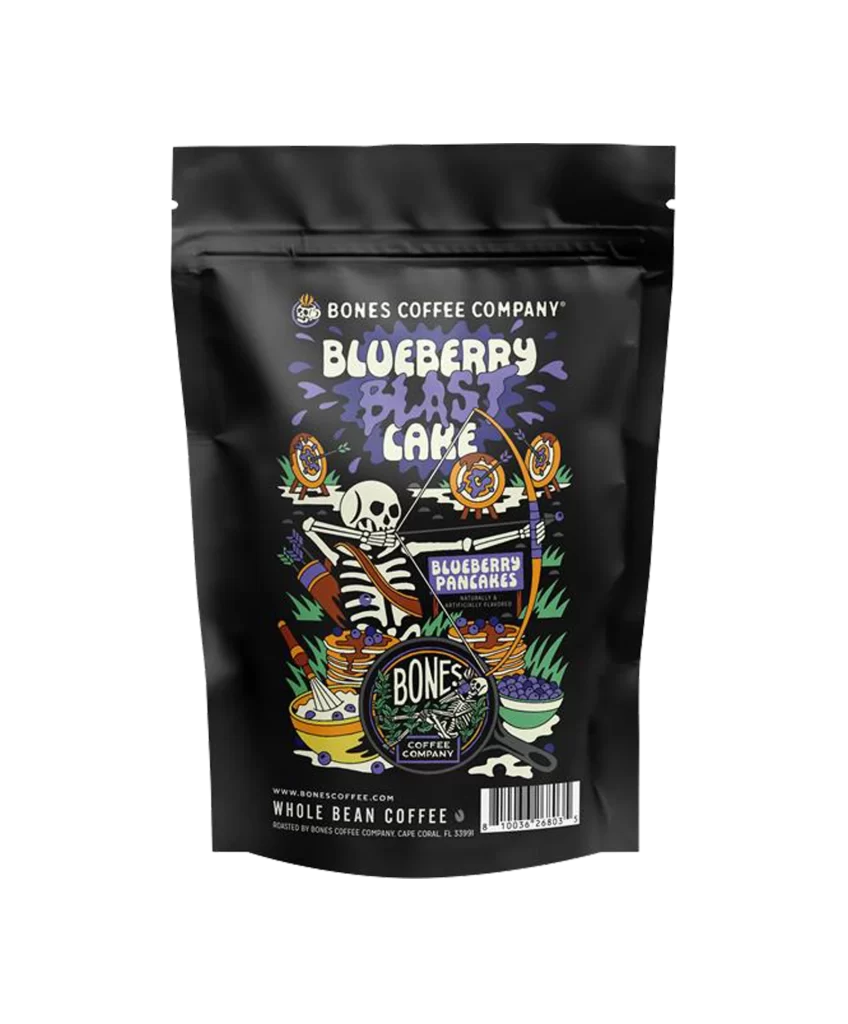 Bones Coffee Blueberry Blast Cake 4 oz Coffee Bag Packaging