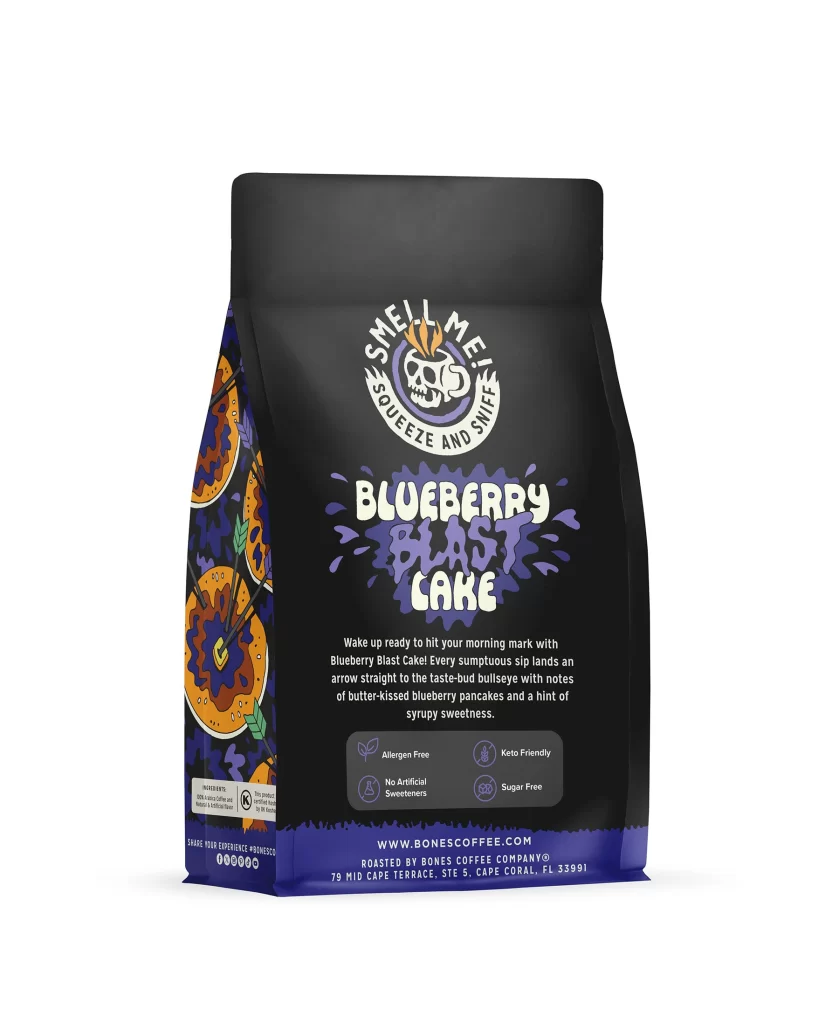 Bones Coffee Blueberry Blast Cake Coffee Bag Back Packaging