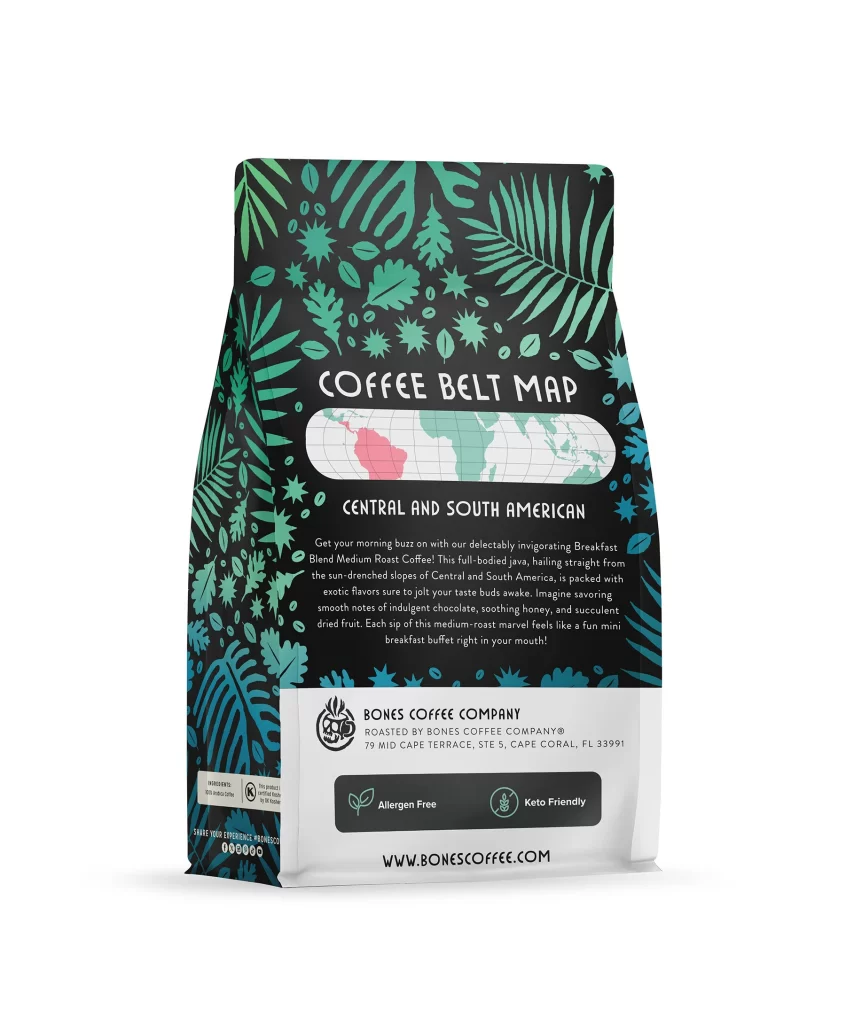 Bones Coffee Breakfast Blend Medium Roast Coffee Bag Back Packaging