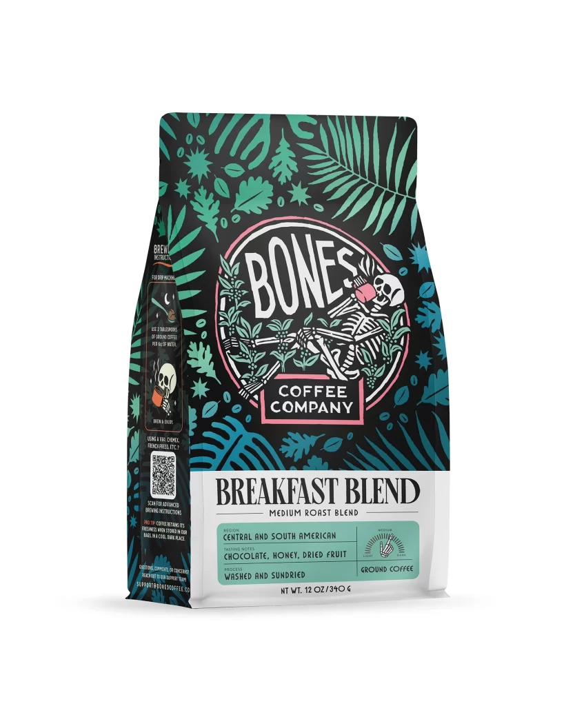 Bones Coffee Breakfast Blend Medium Roast Coffee Bag Front Packaging