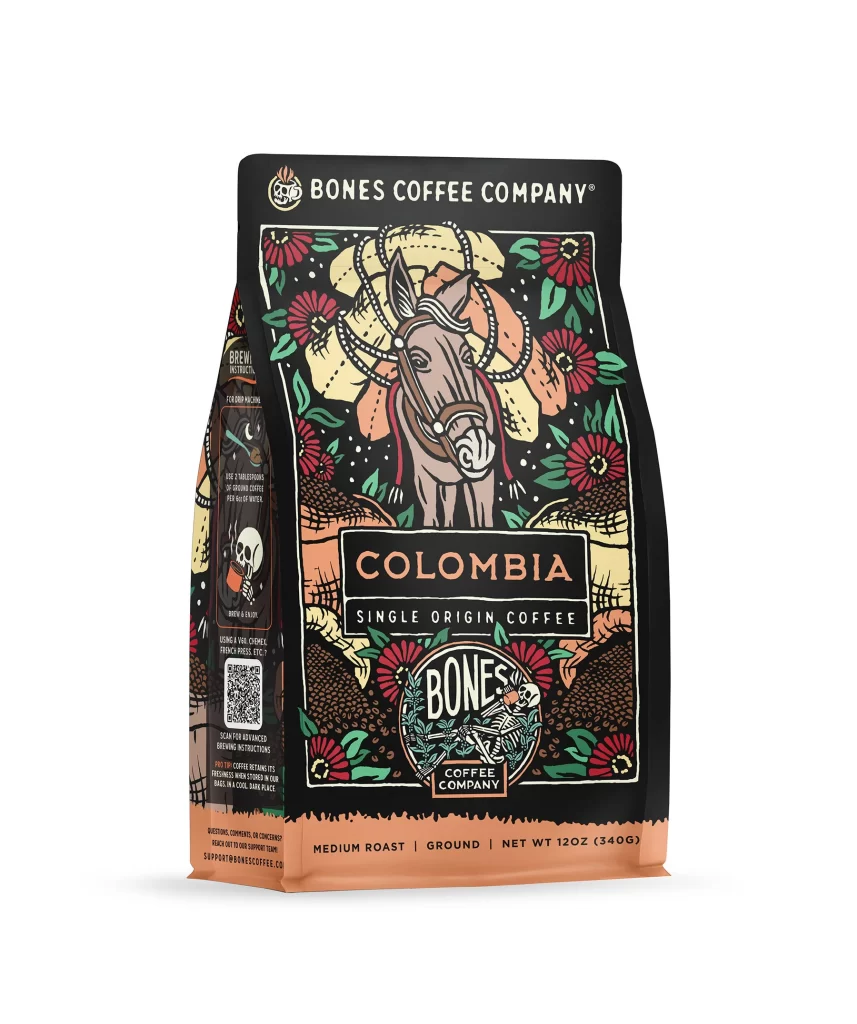 Bones Coffee Colombia Single Origin Coffee Bag Front Packaging