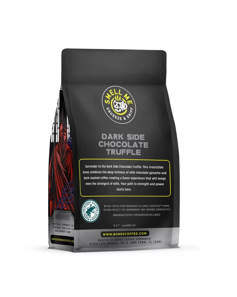 Bones Coffee Dark Side Chocolate Truffle Coffee Bag Back Packaging