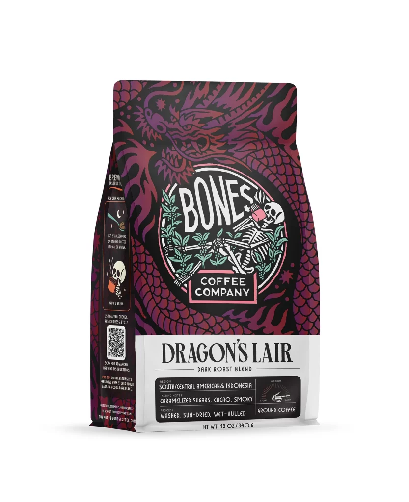 Bones Coffee Dragons Lair Dark Roast Coffee Bag Front Packaging