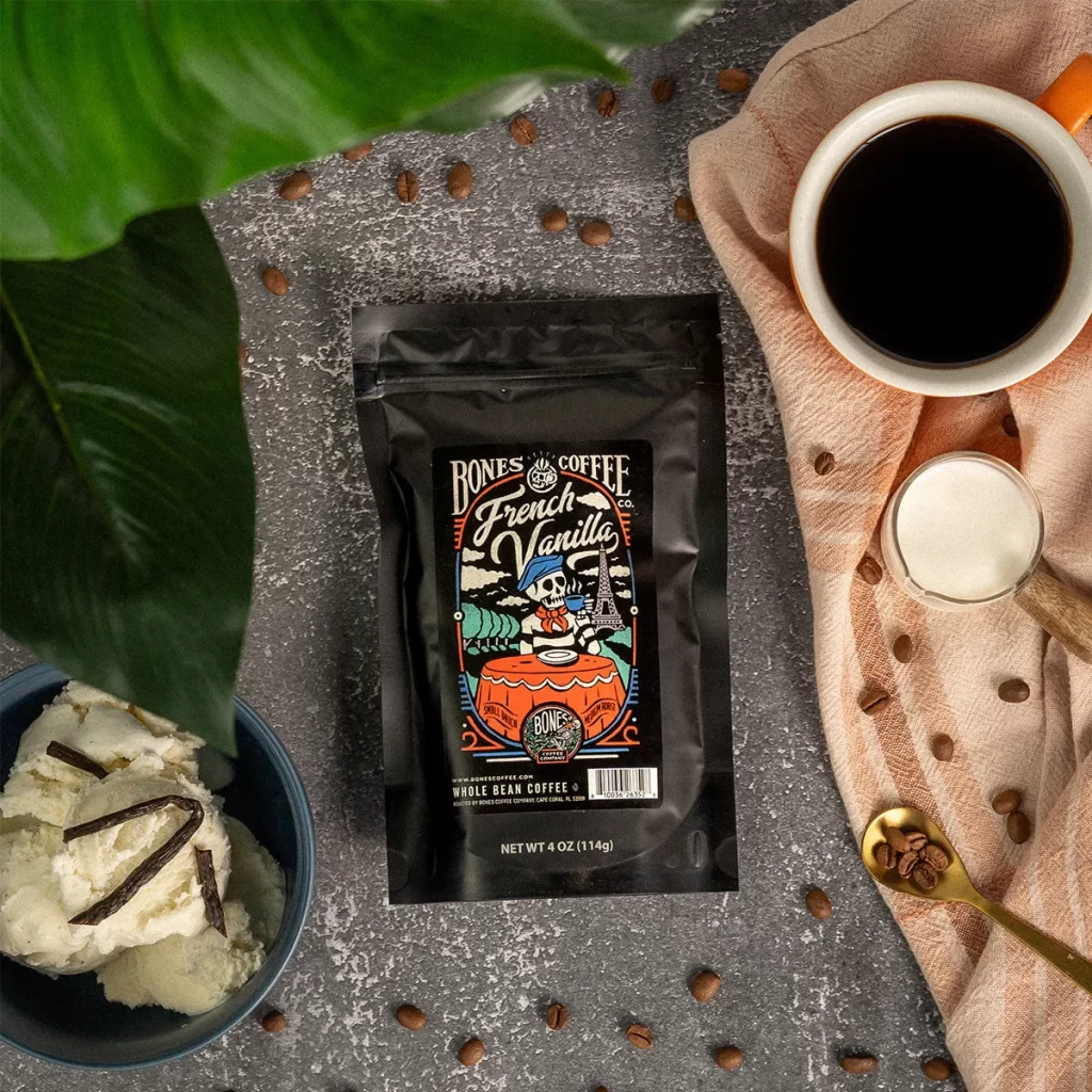 Bones Coffee French Vanilla Whole Bean Coffee Bag