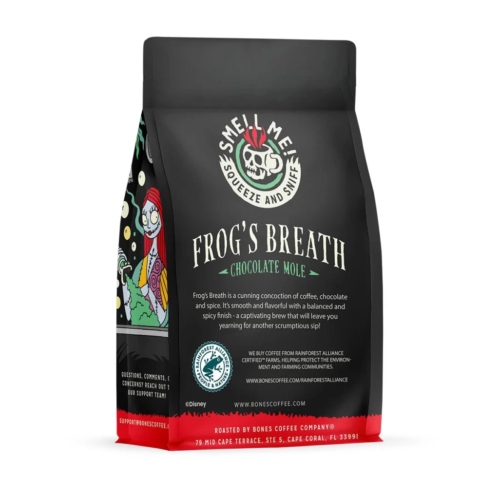 Bones Coffee Frogs Breath Chocolate Mole Coffee Bag Back Packaging