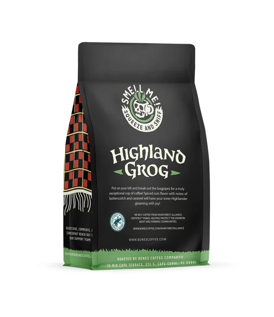 Bones Coffee Highland Grog Coffee Bag Back Packaging