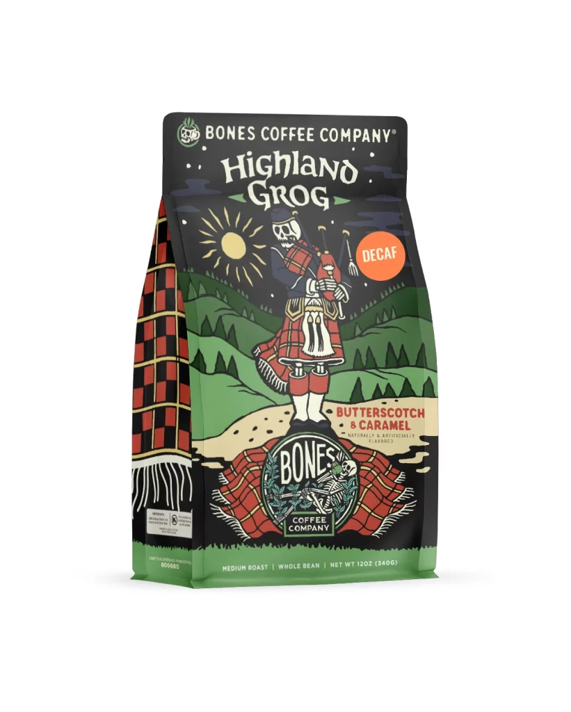 Bones Coffee Highland Grog Decaf Coffee Bag Packaging