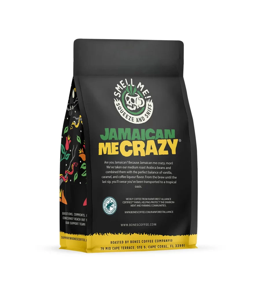 Bones Coffee Jamaican Me Crazy Coffee Bag Back Packaging