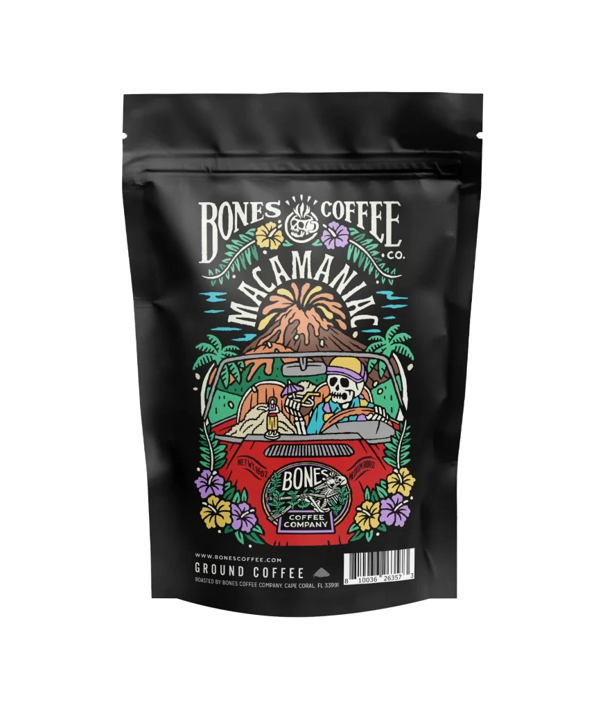 Bones Coffee Macamaniac 4 oz Coffee Bag Packaging