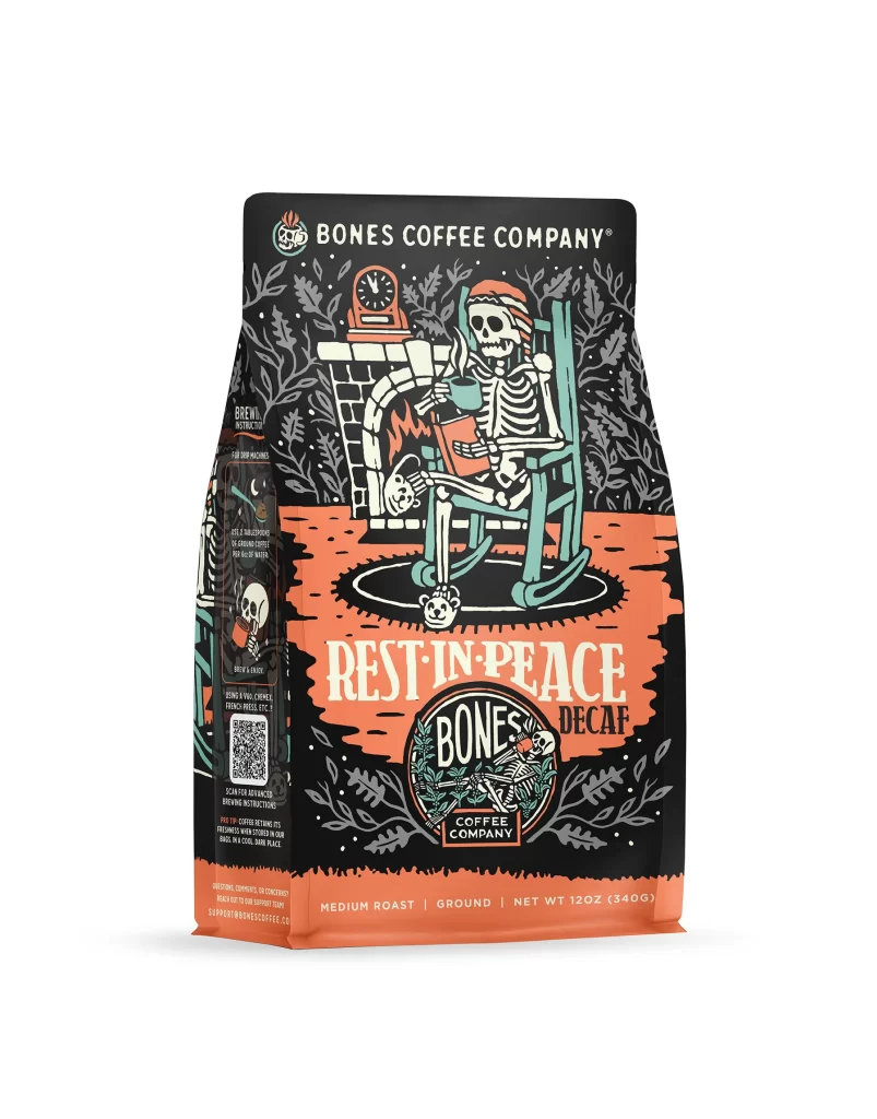 Bones Coffee Rest in Peace Decaf Coffee Bag Packaging