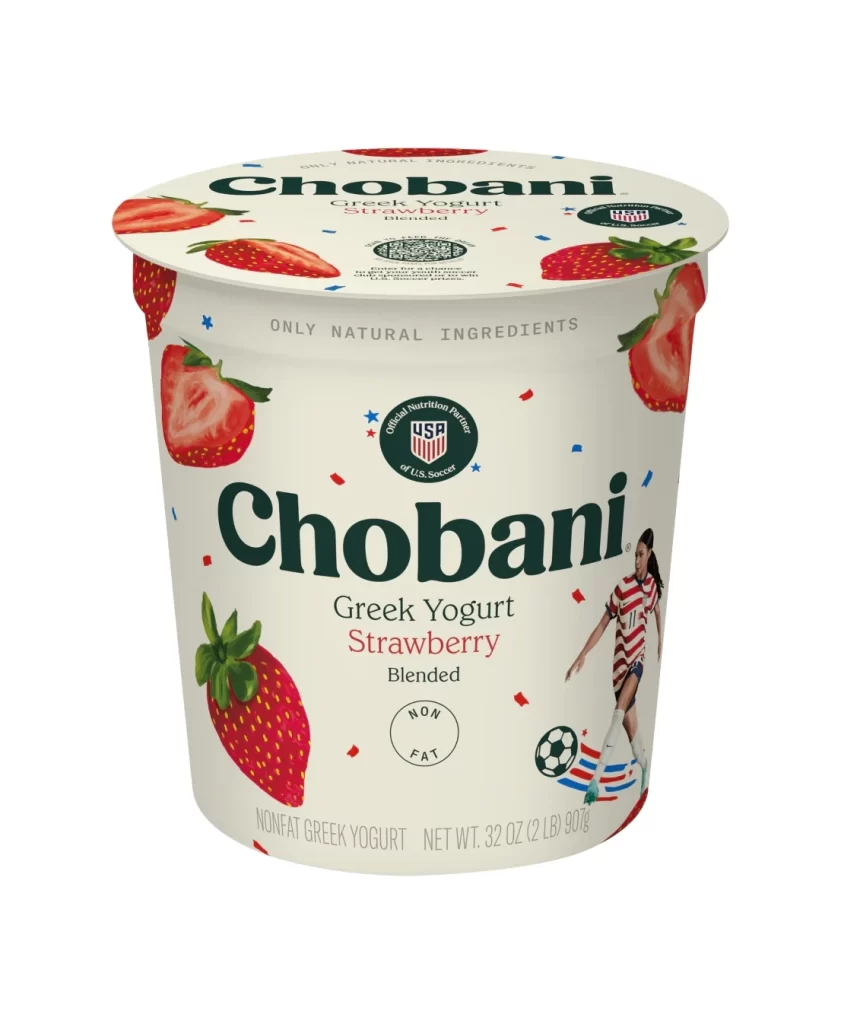 Chobani Greek Yogurt Blended Strawberry 32 Oz Tub Packaging