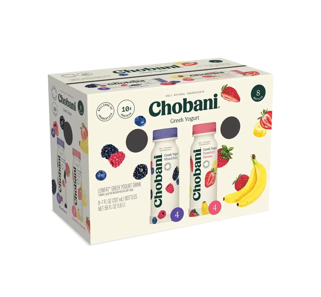 Chobani Greek Yogurt Drink Mixed Berry Strawberry Banana 8 Pack Three Quarter View Packaging