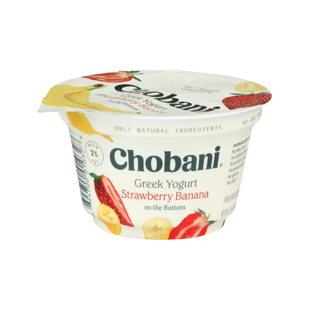 Chobani Greek Yogurt Strawberry Banana Peeled Lid Packaging