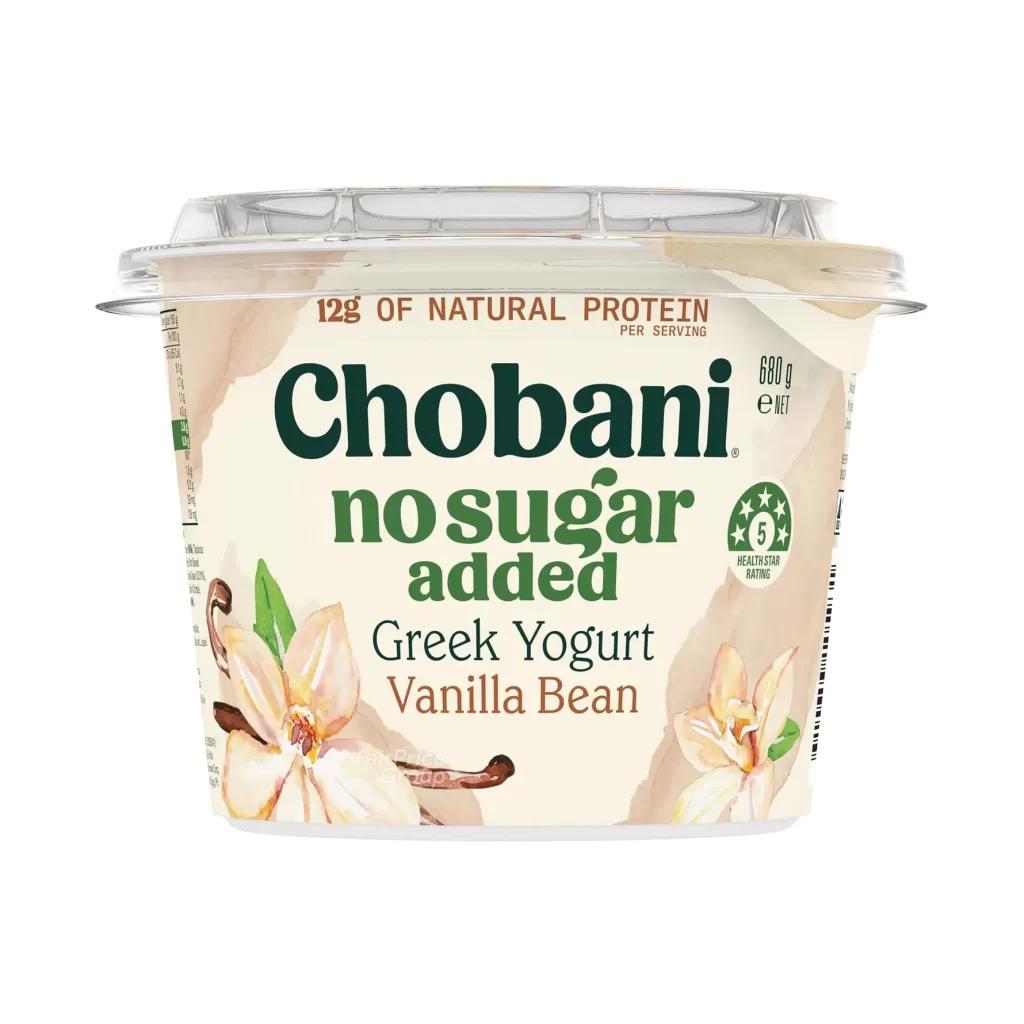 Chobani Greek Yogurt Vanilla Bean No Sugar Added Tub Packaging