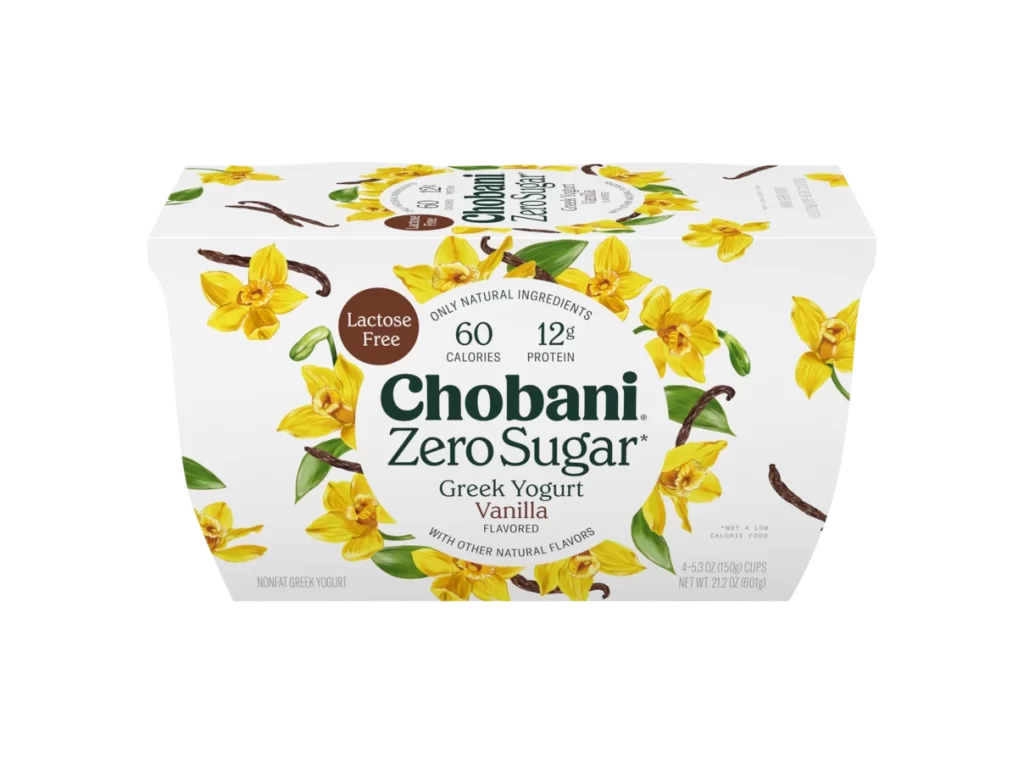Chobani Zero Sugar Vanilla 4 Pack 45 Degree Packaging